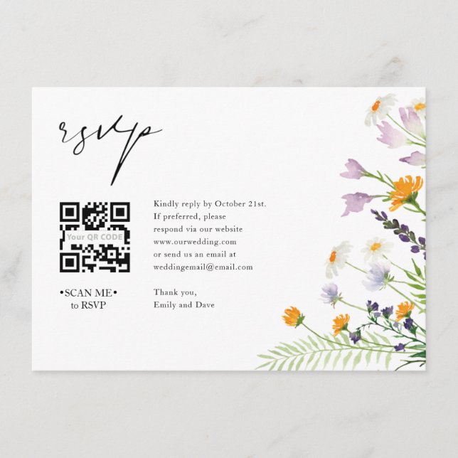Wildflowers RSVP Wedding QR CODE Details on back Enclosure Card (Front)