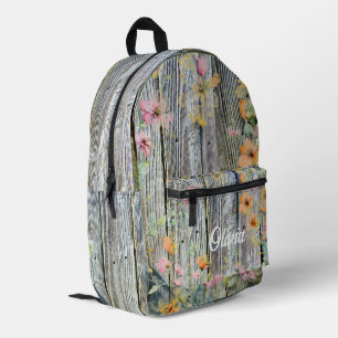 Wildflowers rustic wood grain printed backpack