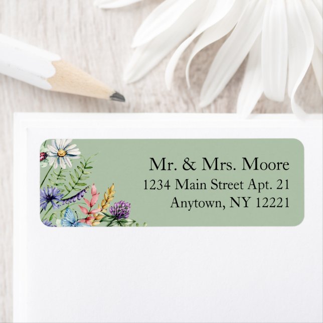 Wildflowers Sage Green Wedding Return Address Label (Insitu)
