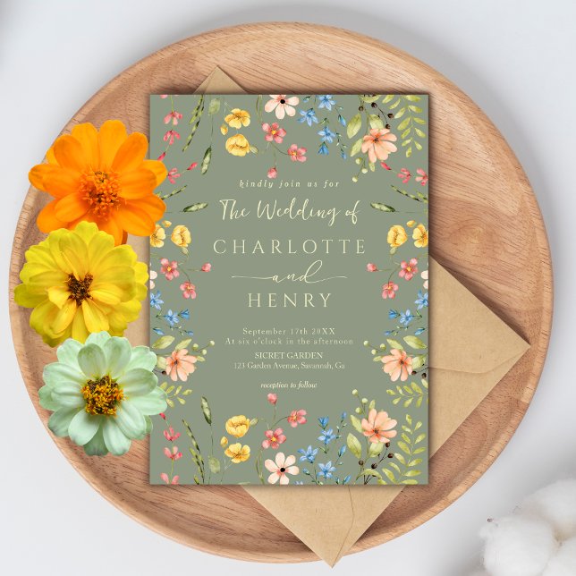  Wildflowers Sage & Yellow Garden QR Code Wedding  Invitation (Creator Uploaded)