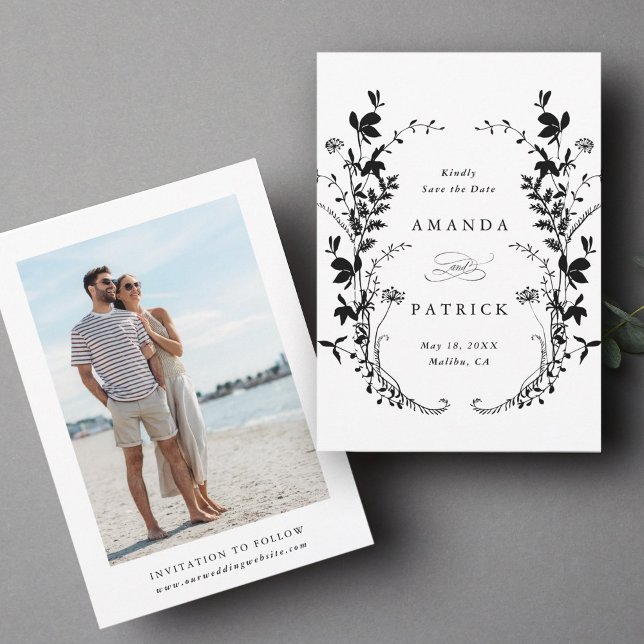 Wildflowers Silhouette Wedding Photo Black & White Save The Date (Front & Back)