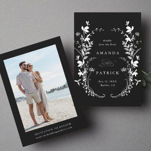 Wildflowers Silhouette Wreath Wedding Photo Black Save The Date