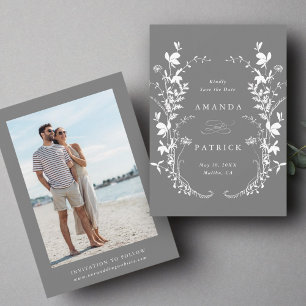 Wildflowers Silhouette Wreath Wedding Photo Grey Save The Date