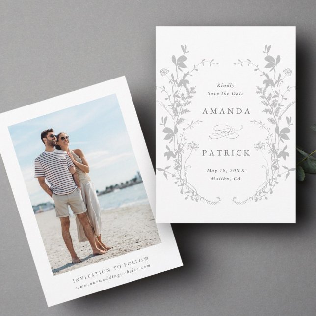 Wildflowers Silhouette Wreath Wedding Photo Grey Save The Date (Front & Back)