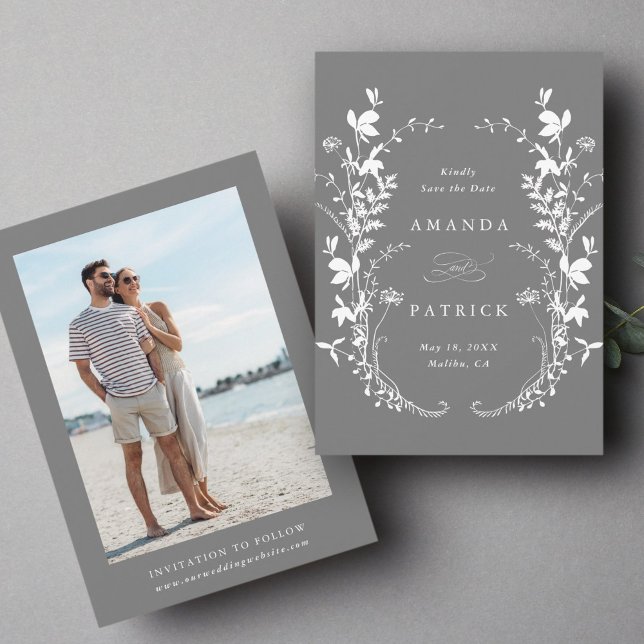 Wildflowers Silhouette Wreath Wedding Photo Grey Save The Date (Front & Back)