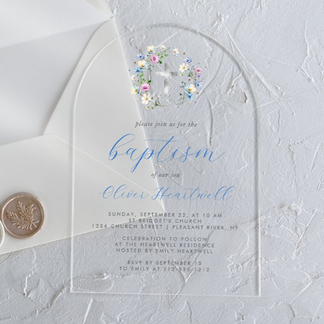 Wildflowers Silver Cross Blue Script Boy Baptism Acrylic Invitations (Creator Uploaded)