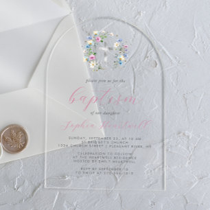 Wildflowers Silver Cross Pink Script Girl Baptism Acrylic Invitations