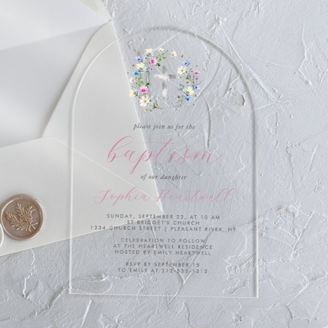 Wildflowers Silver Cross Pink Script Girl Baptism Acrylic Invitations (Creator Uploaded)