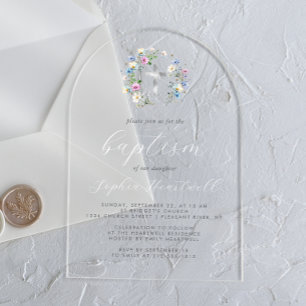 Wildflowers Silver Cross White Script Baptism Acrylic Invitations