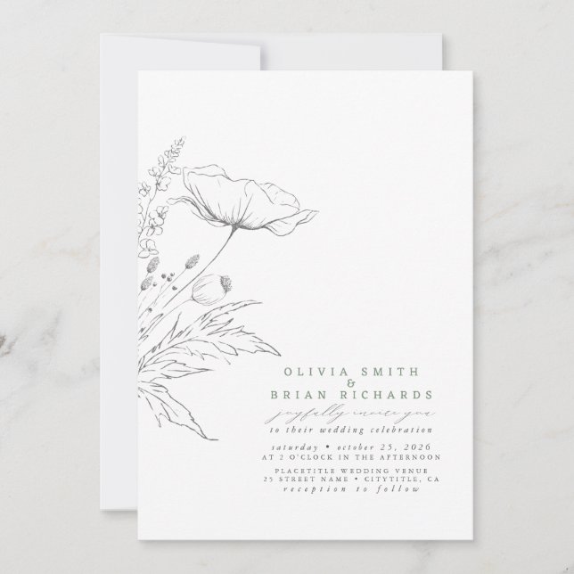 Wildflowers Sketch Elegant Sage Grey Wedding Invitation (Front)