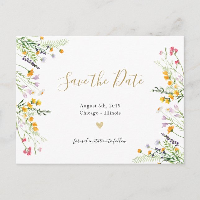 Wildflowers spring blooms save the date postcard (Front)