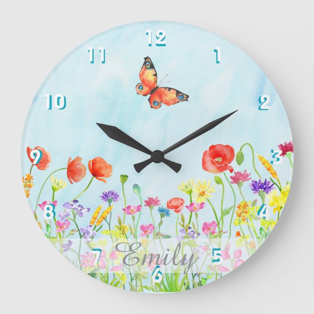 wildflowers spring flower watercolors customisable large clock (Front)