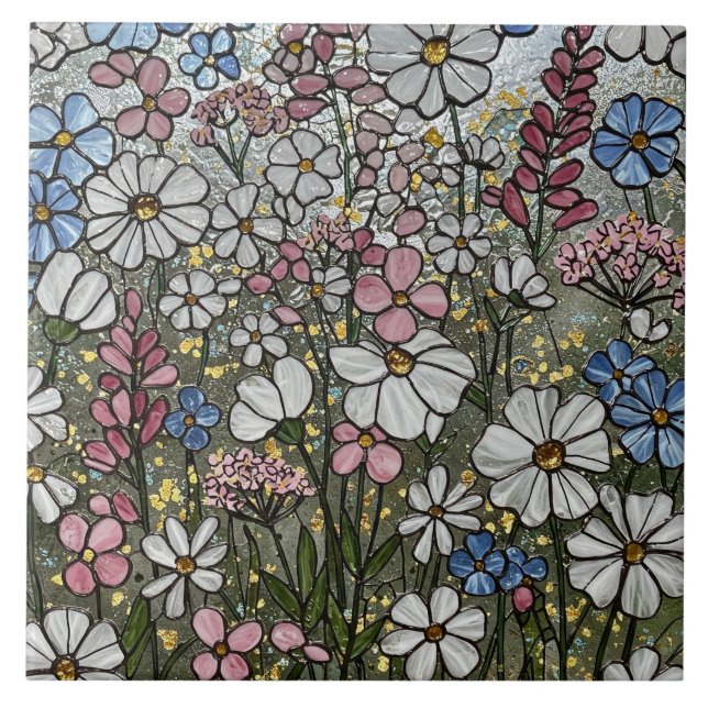 Wildflowers Stained Glass Illusion Ceramic Tile (Front)