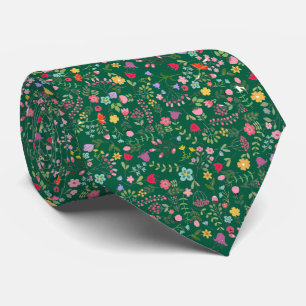 Wildflowers Stylish Floral Design on Dark Green Tie