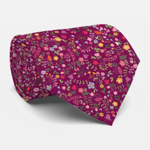 Wildflowers Stylish Floral Design on Plum Tie