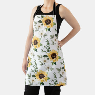 Wildflowers & Sunflower Pattern Monogram White Apron
