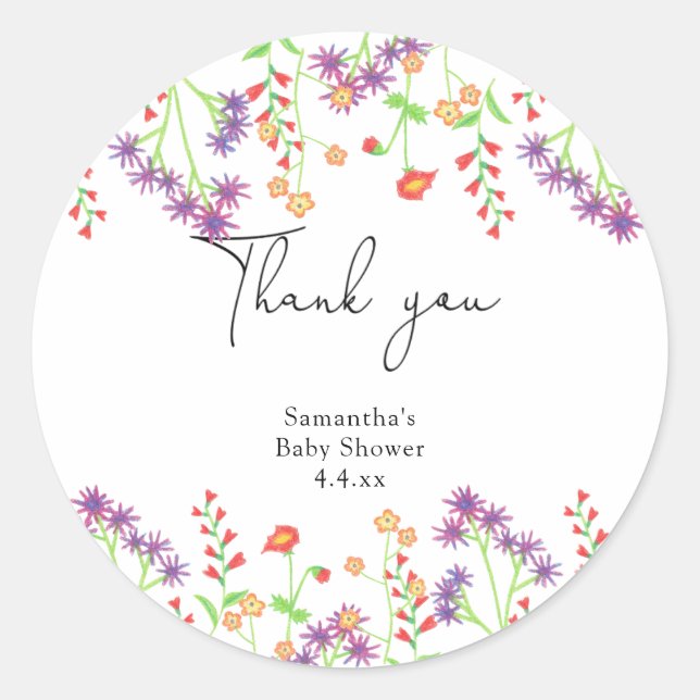 Wildflowers thank you baby shower classic round sticker (Front)