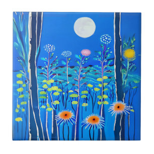 Wildflowers under a Full Moon Ceramic Tile