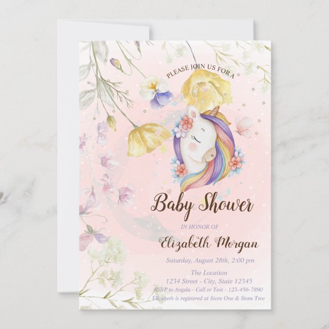 Wildflowers Unicorn Butterflies Stars Baby Shower Invitation (Front)