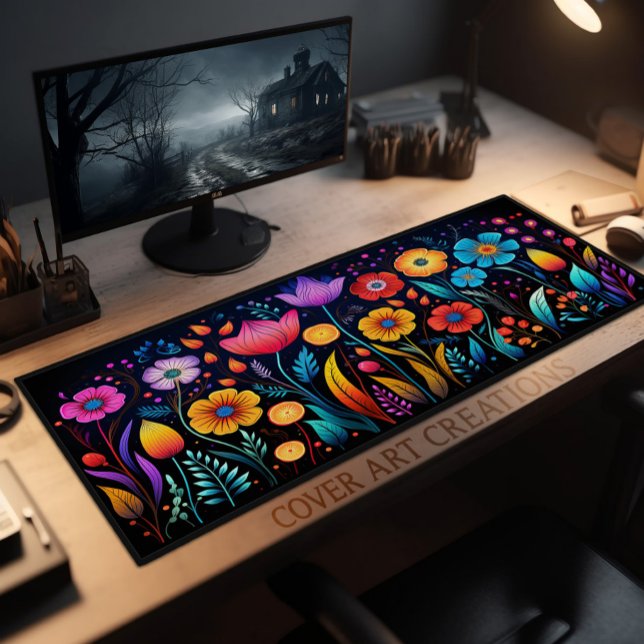 Wildflowers, Vibrant Colours On Black Desk Mat (Creator Uploaded)