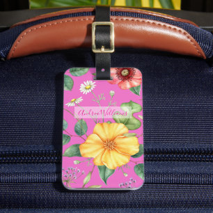 Wildflowers Vintage Drawing / Chick, Pink Luggage Tag