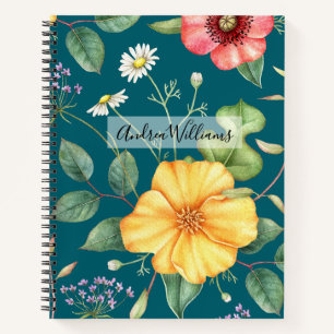 Wildflowers Vintage Drawing Teal / Nature Notebook