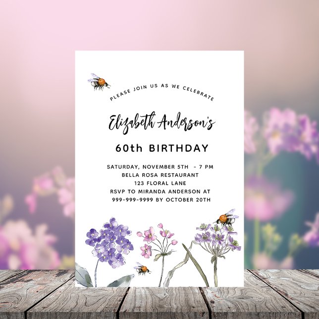 Wildflowers violet pink bees luxury birthday invitation (Creator Uploaded)