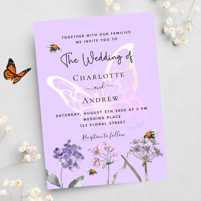 Wildflowers violet pink butterfly wedding invitation postcard (Creator Uploaded)