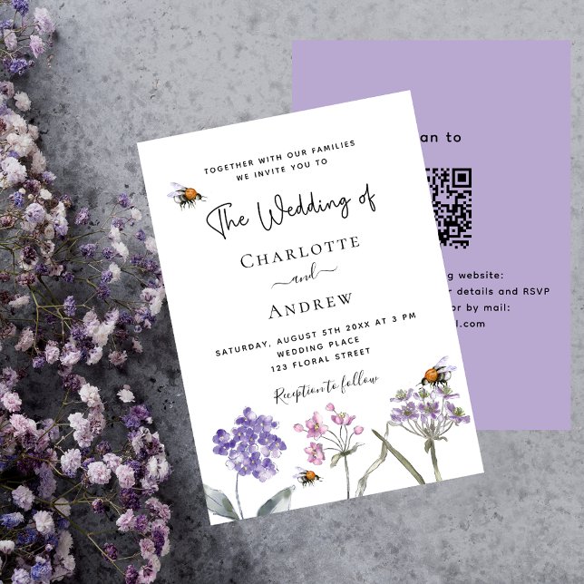 Wildflowers violet pink QR RSVP details wedding Invitation (Creator Uploaded)