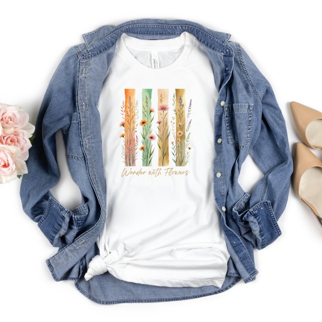 Wildflowers Wander With Flowers Nature Gold Green T-Shirt (Wildflowers, Wander with Flowers, Women's T-shirt, Brush Stroke Style, Green Gold and Orange)