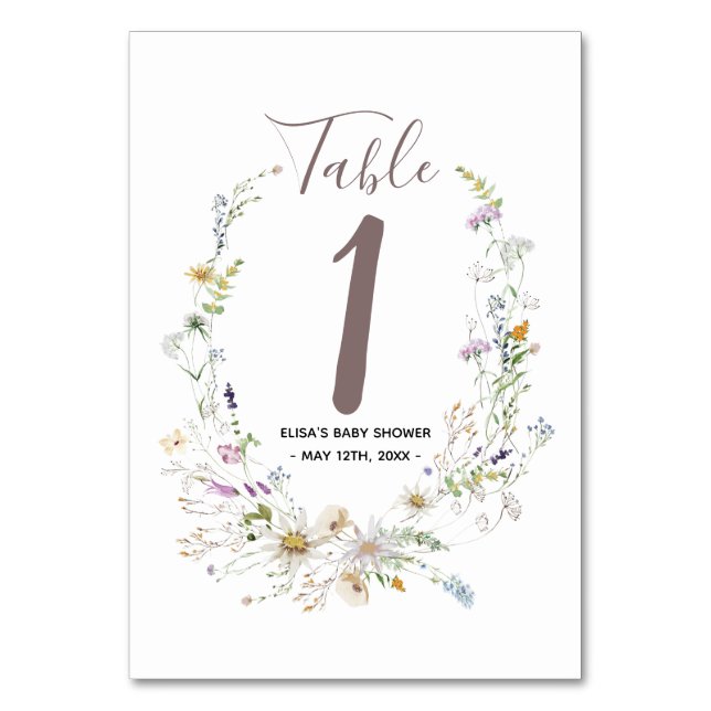 Wildflowers Watercolor Baby Shower Table Number (Front)