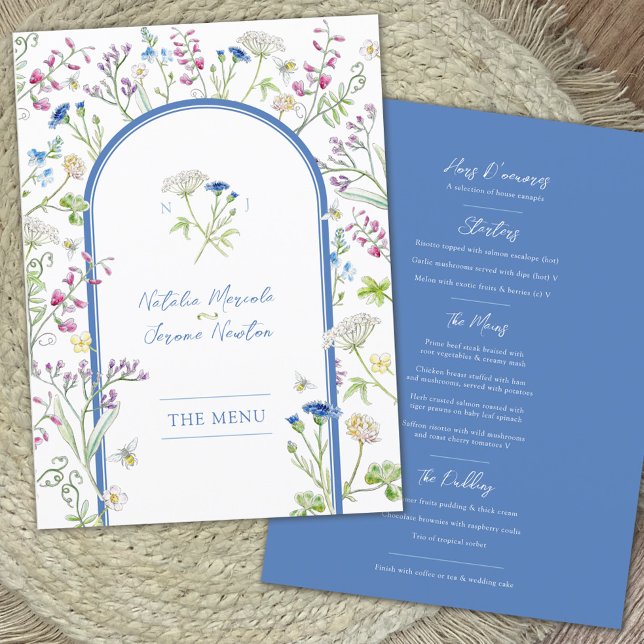 Wildflowers watercolor blue wedding Flat Menu (Creator Uploaded)