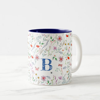 Wildflowers watercolor cute monogram name floral Two-Tone coffee mug