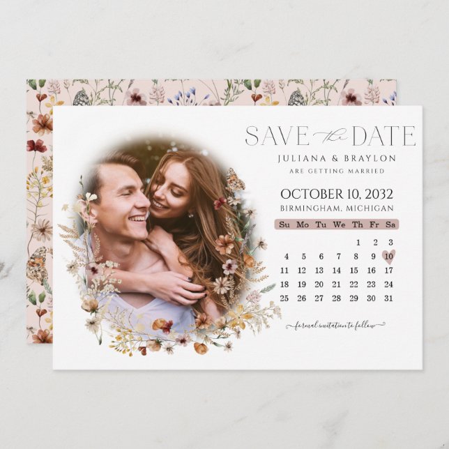 Wildflowers Watercolor Floral Calendar & Photo Save The Date (Front/Back)
