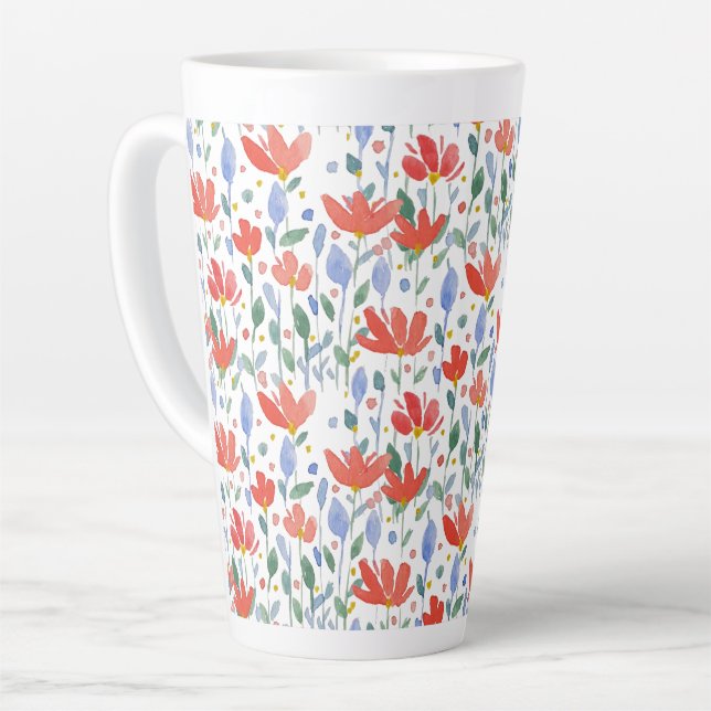 Wildflowers Watercolor In Sweet Red And Blue Latte Mug (Left Angle)