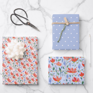 Wildflowers Watercolor In Sweet Red And Blue Wrapping Paper Sheet