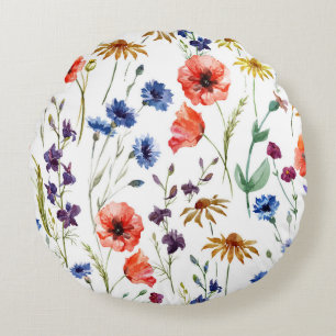 Wildflowers Watercolor Poppy Chamomile Background Round Cushion