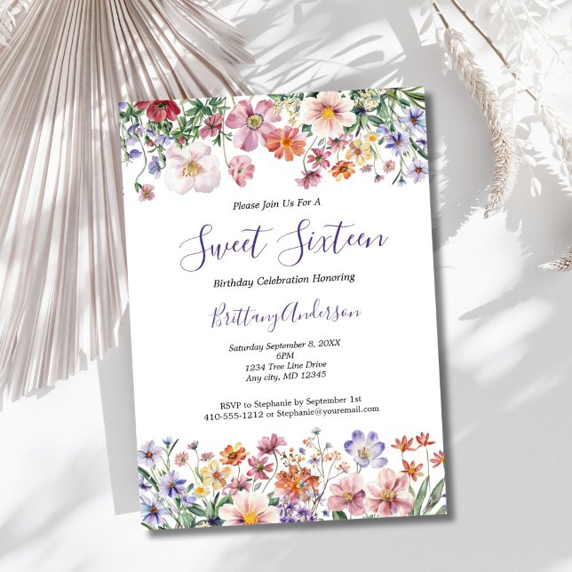 Wildflowers Watercolor Sweet Sixteen 16 Birthday Invitation (Wildflowers watercolor florals sweet sixteen 16th birthday invitation. Printed or Digital)