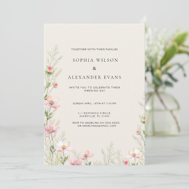 Wildflowers Wedding invitation in a soft romantic, (Standing Front)
