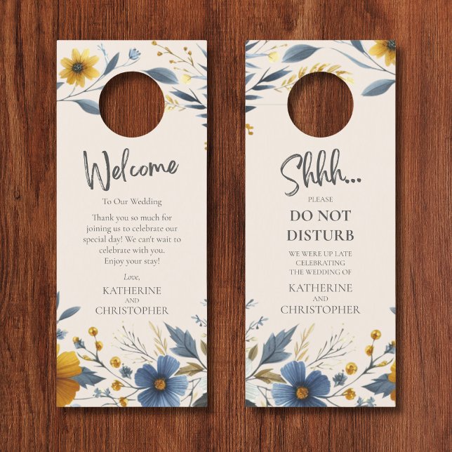 Wildflowers Wedding Shhh Do Not Disturb Beige Door Hanger (Blue Yellow Wildflowers Wedding Shhh Do Not Disturb Door Hanger with Welcome Message.)