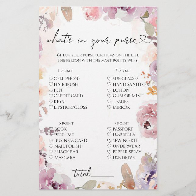 Wildflowers what's in your purse game (Front)