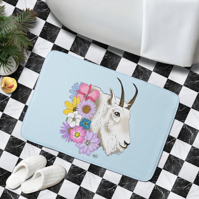 Wildflowers White Mountain Goat Nature Wildlife Bath Mat (Creator Uploaded)
