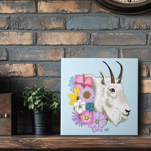Wildflowers White Mountain Goat Nature Wildlife Ceramic Tile