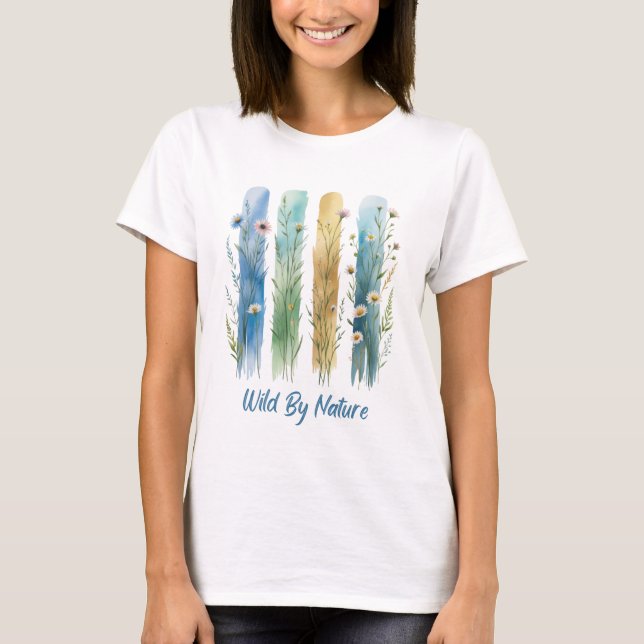 Wildflowers Wild Nature, Brush Stroke Blue Green T-Shirt (Front)