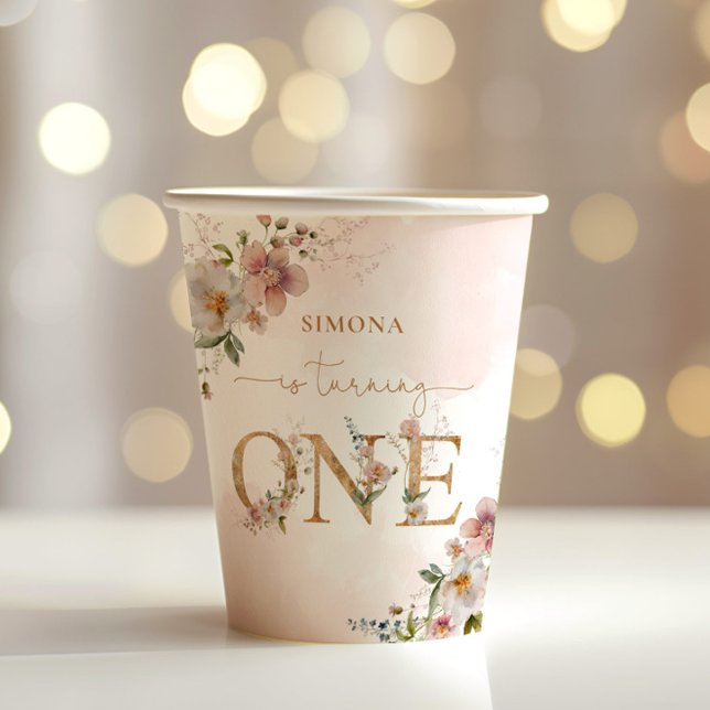 Wildflowers Wild One blush pink girl birthday Paper Cups (Creator Uploaded)