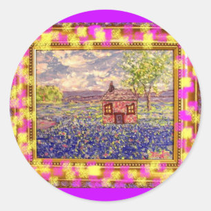 wildflowers with cottage framed art classic round sticker