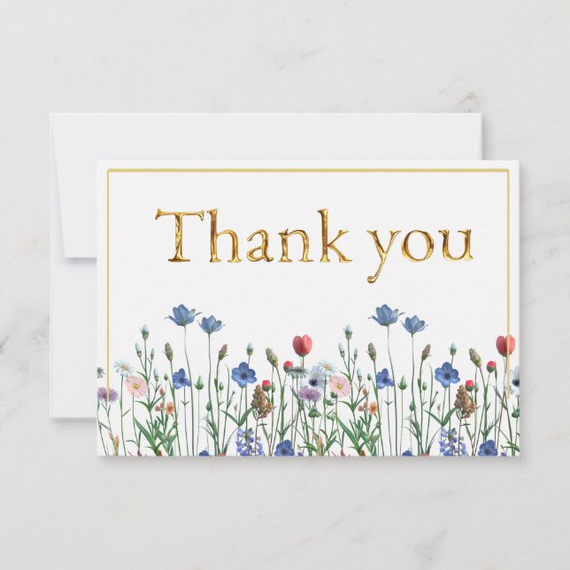 Wildflowers with Elegant Gold Script Thank you Card (Front)