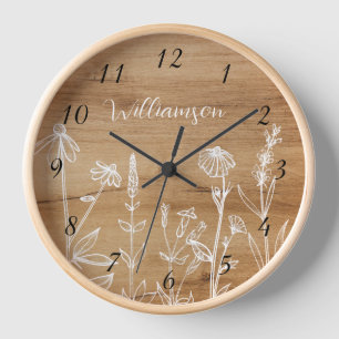 Wildflowers Wood Background Rustic Numbers Clock