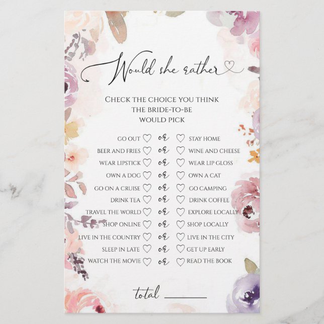 Wildflowers Would she rather bridal shower game (Front)