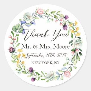 Wildflowers Wreath Elegant Wedding Thank You Classic Round Sticker
